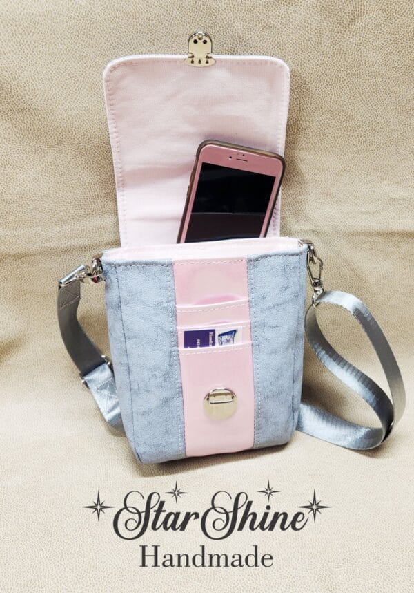 Pink and Gray Plaid Mini Mallory Crossbody. Front View Showing Hidden Cell Phone Pocket