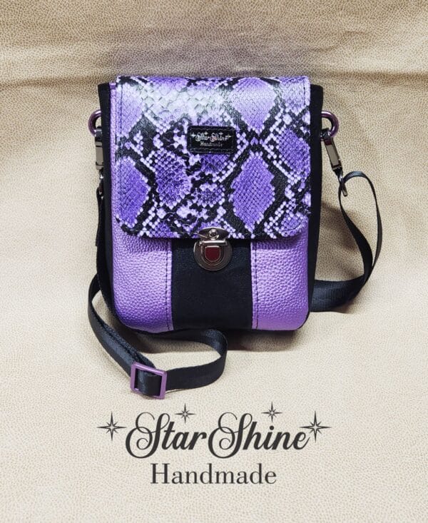Purple and Black Snakeskin Mini Mallory Crossbody. Full View.