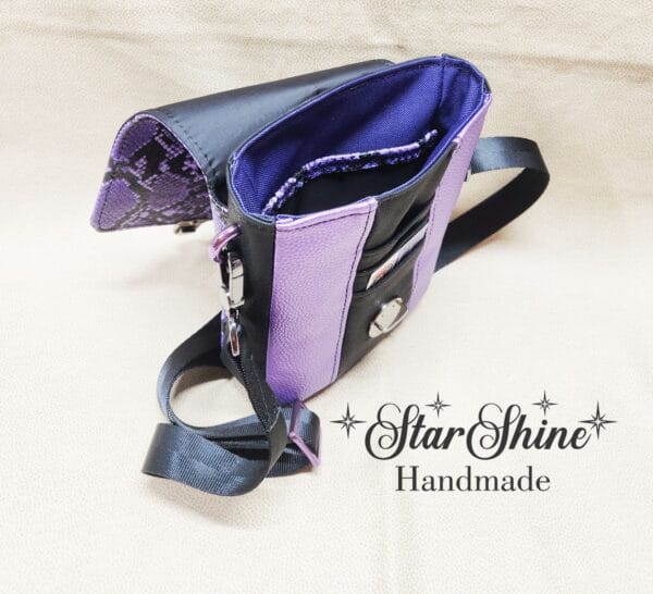 Purple and Black Snakeskin Mini Mallory Crossbody. Top side View Showing Interior.