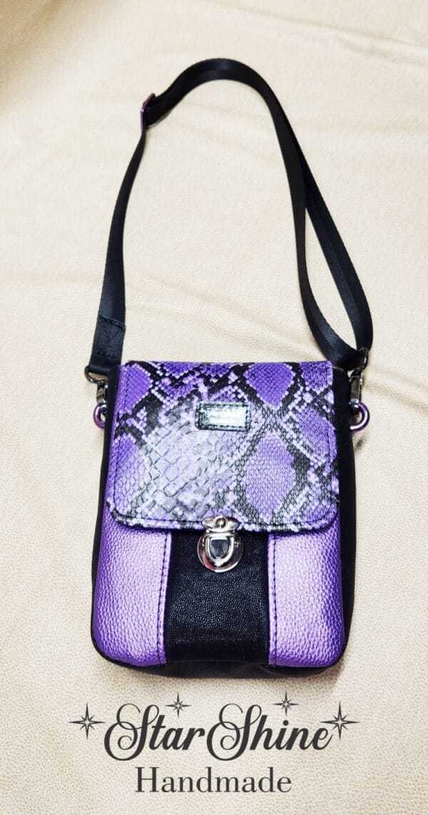 Purple and Black Snakeskin Mini Mallory Crossbody. Front View.