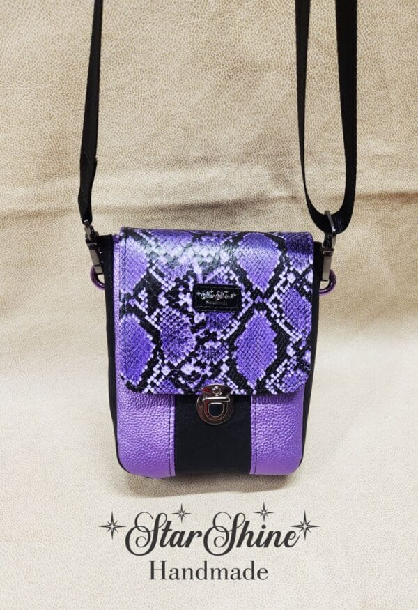 Purple and Black Snakeskin Mini Mallory Crossbody. Front View.