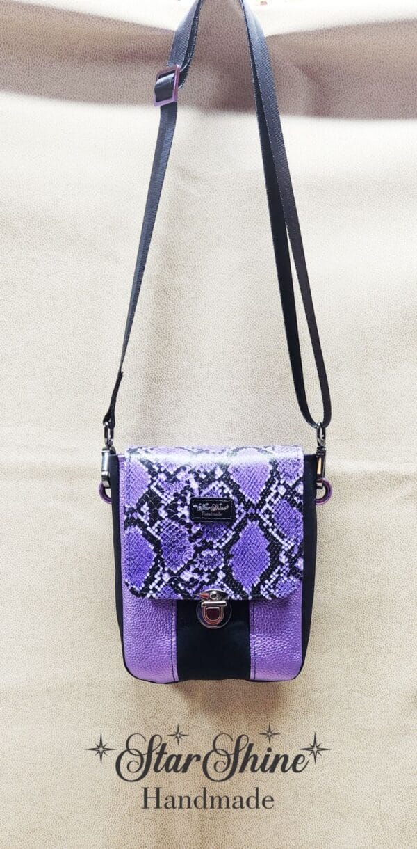 Purple and Black Snakeskin Mini Mallory Crossbody. Front View.