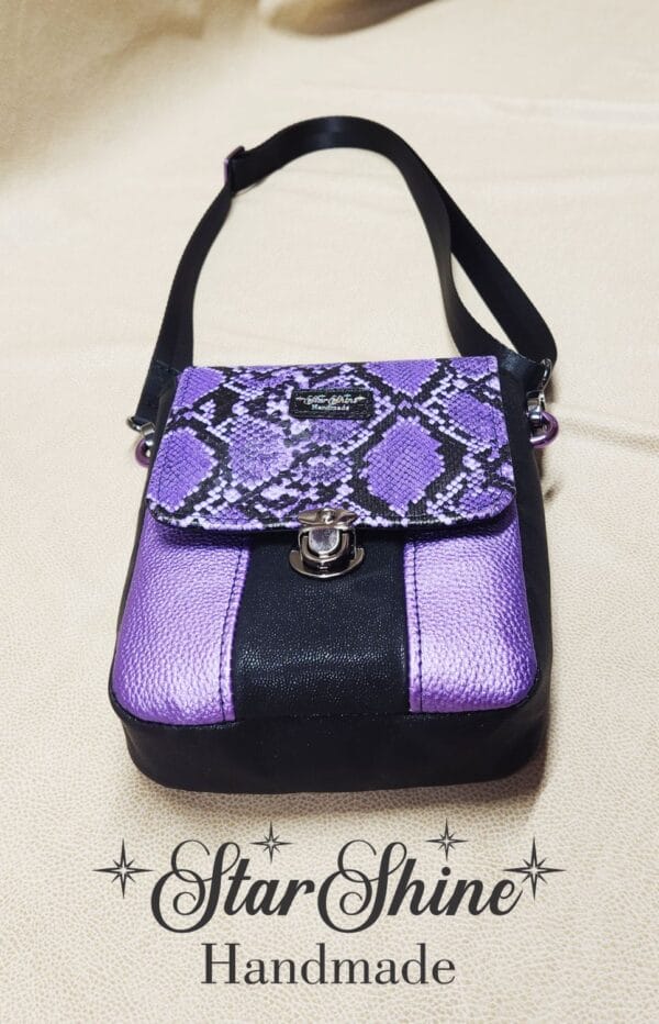 Purple and Black Snakeskin Mini Mallory Crossbody. Bottom View.