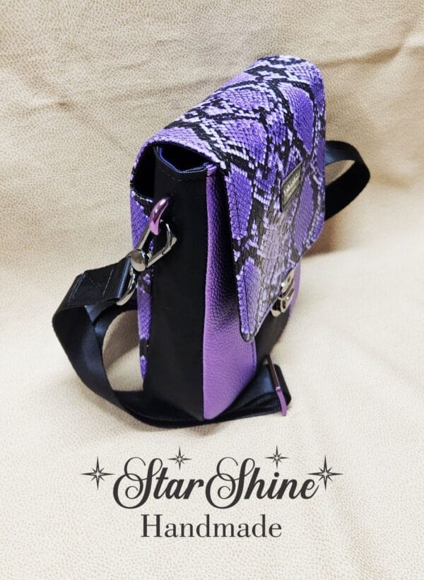 Purple and Black Snakeskin Mini Mallory Crossbody. Side View.