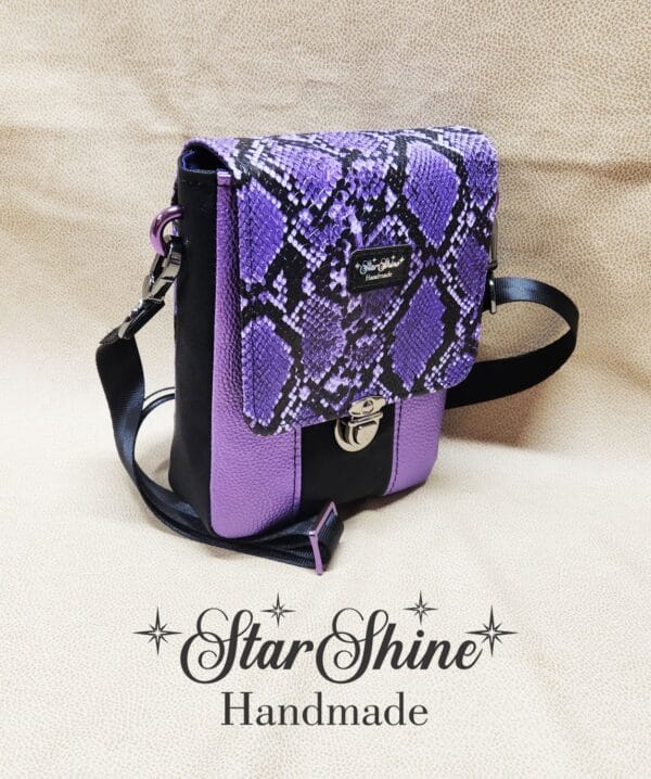 Purple and Black Snakeskin Mini Mallory Crossbody. Side View.