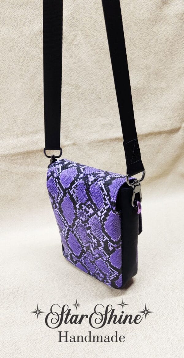 Purple and Black Snakeskin Mini Mallory Crossbody. Rear View.