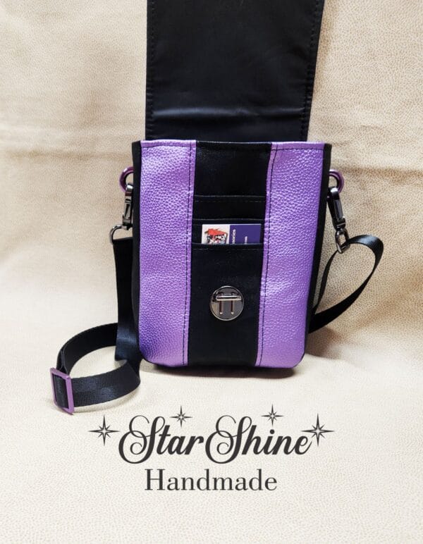 Purple and Black Snakeskin Mini Mallory Crossbody. Front view with flap open.
