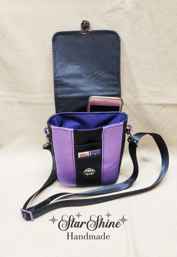 Purple and Black Snakeskin Mini Mallory Crossbody. Front view with flap open showing interior.