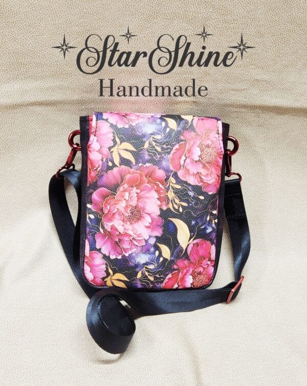 Purple and Red Floral Mini Mallory Crossbody. Rear View.