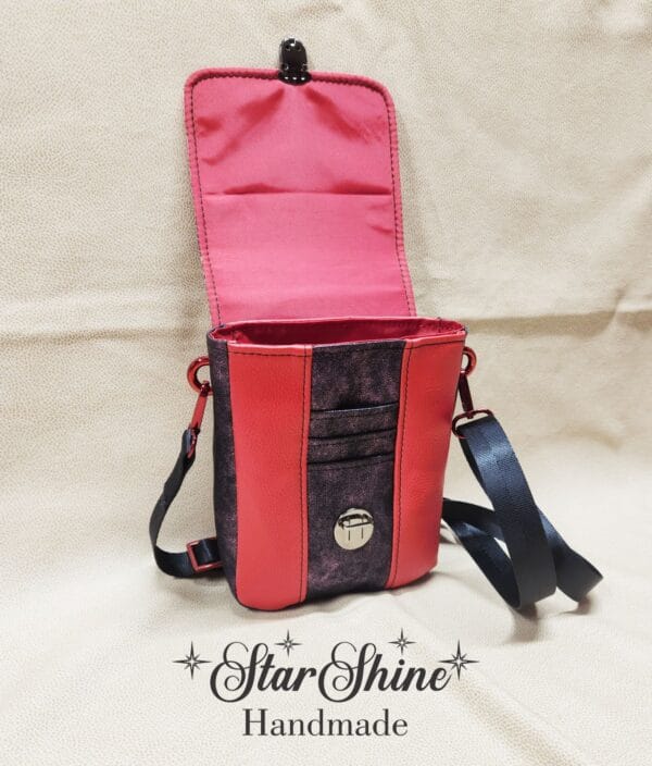 Purple and Red Floral Mini Mallory Crossbody. Front View With Flap Open.