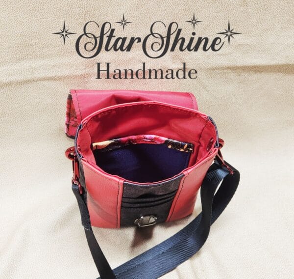 Purple and Red Floral Mini Mallory Crossbody. Top Interior View.