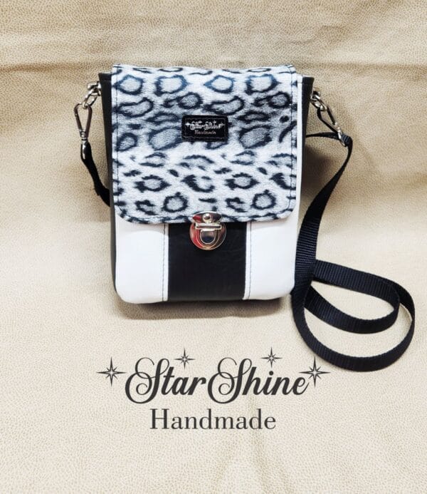 Black and White Snow Leopard Mini Mallory Crossbody. Full Front View.