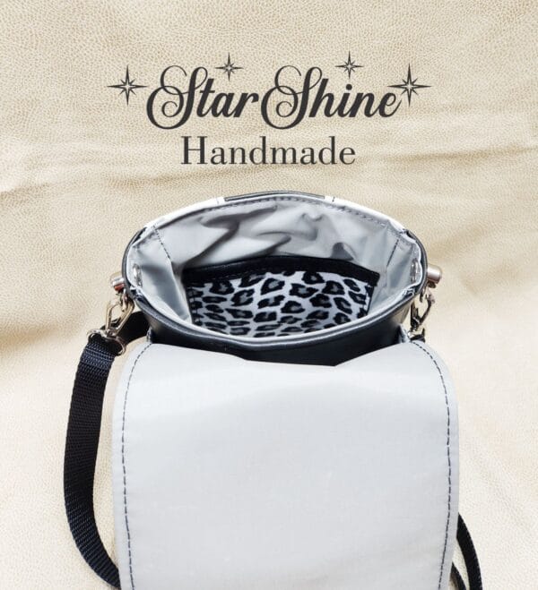 Black and White Snow Leopard Mini Mallory Crossbody. Interior View.