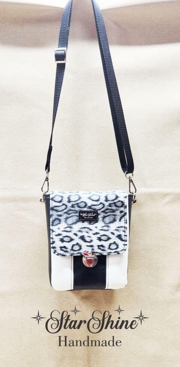 Black and White Snow Leopard Mini Mallory Crossbody. Full Front View.