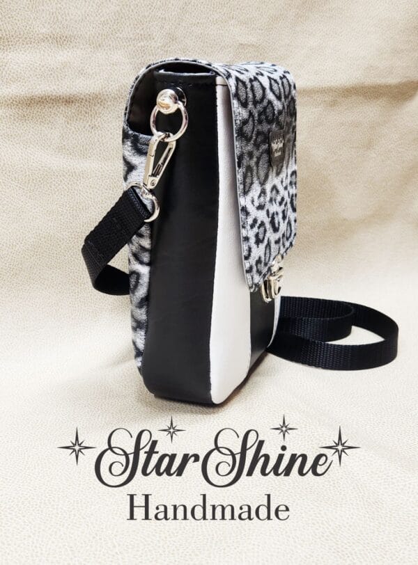 Black and White Snow Leopard Mini Mallory Crossbody.Side View.