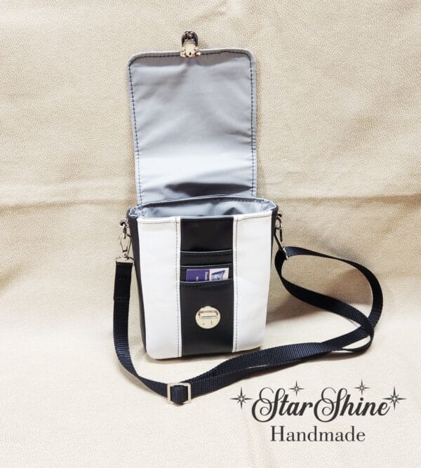 Black and White Snow Leopard Mini Mallory Crossbody. Full Front View With Flap Open
