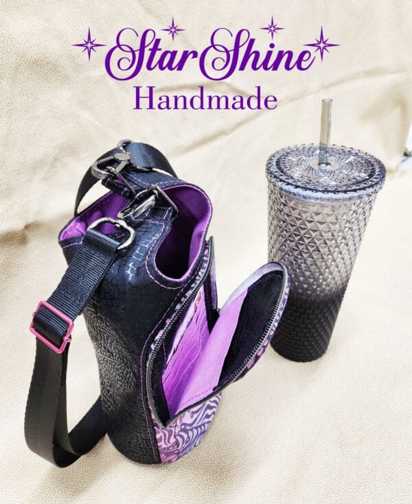 Top view of Purple Goddess H2o2Go Crossbody Bag and front pocket.