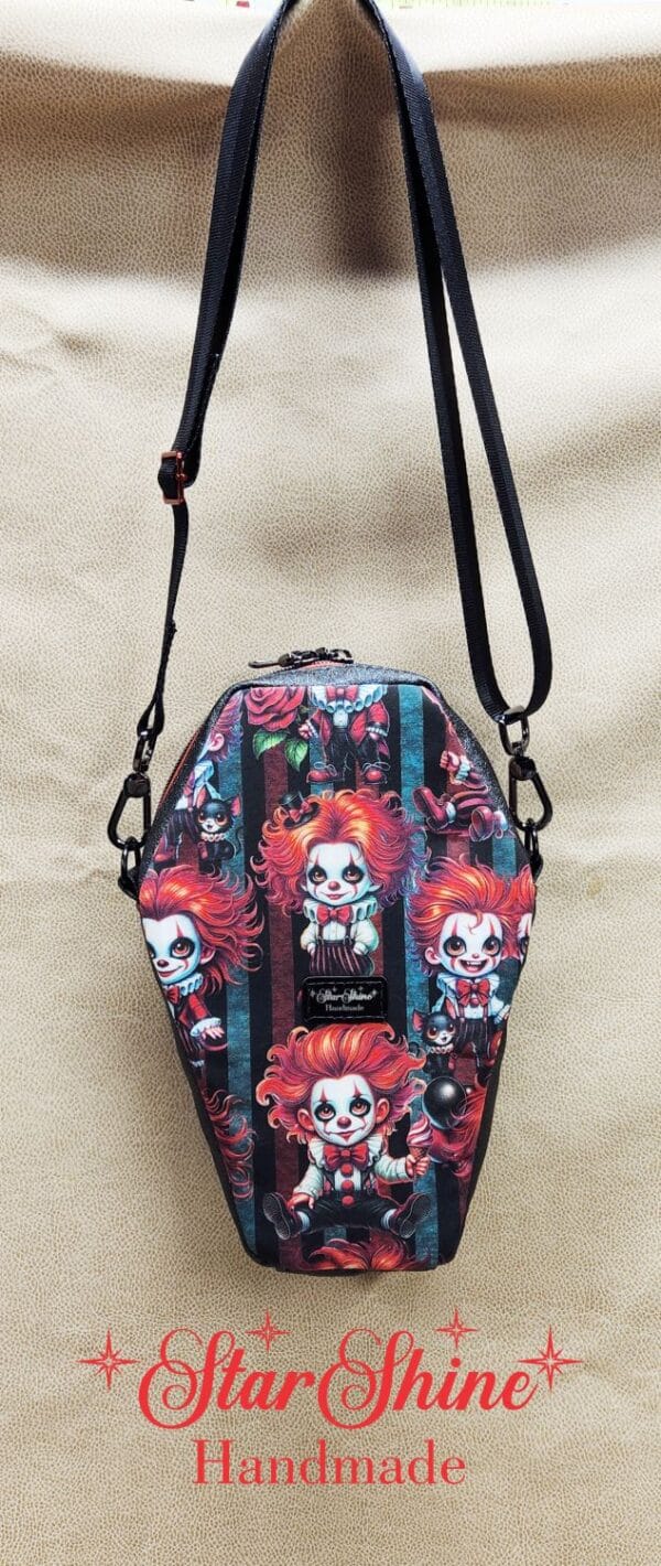 Creepy Clowns Coffin Crossbody. Front View.