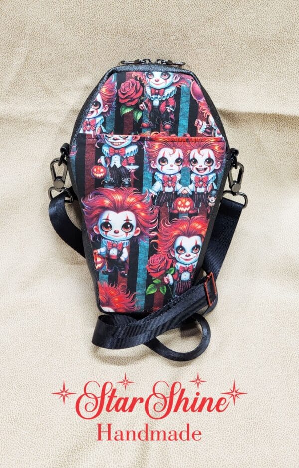 Creepy Clowns Coffin Crossbody. Rear View.