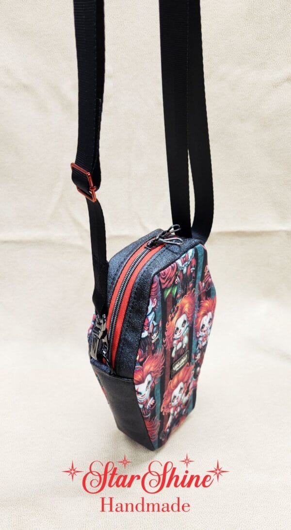 Creepy Clowns Coffin Crossbody. Side View.
