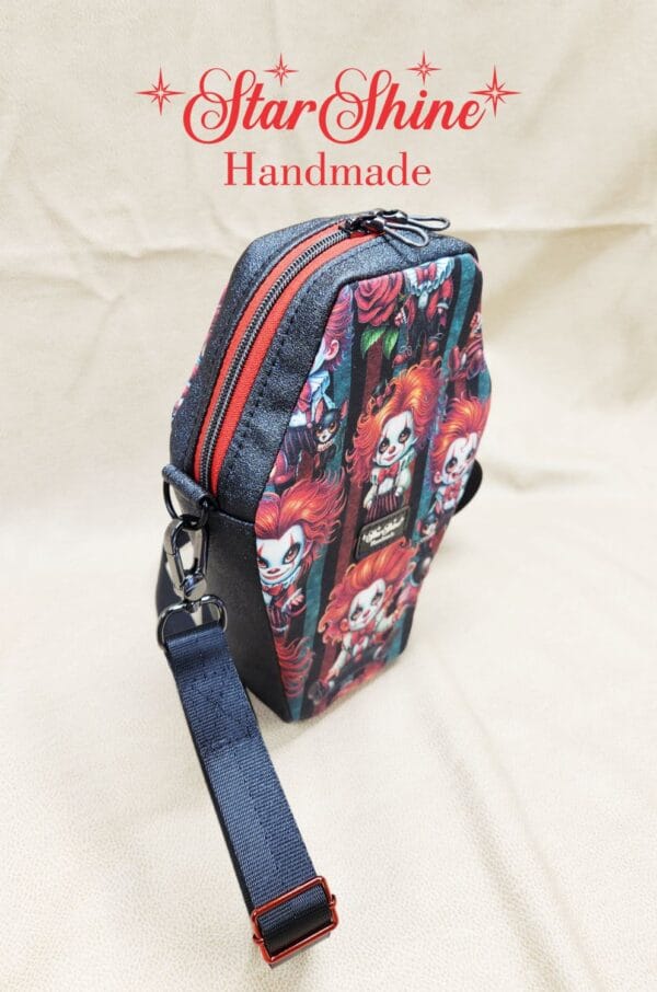 Creepy Clowns Coffin Crossbody. Side View.