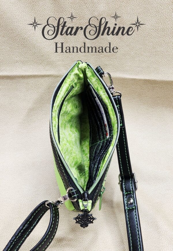 Neon Green & Black Cell Phone Wallet Bag . Interior View.