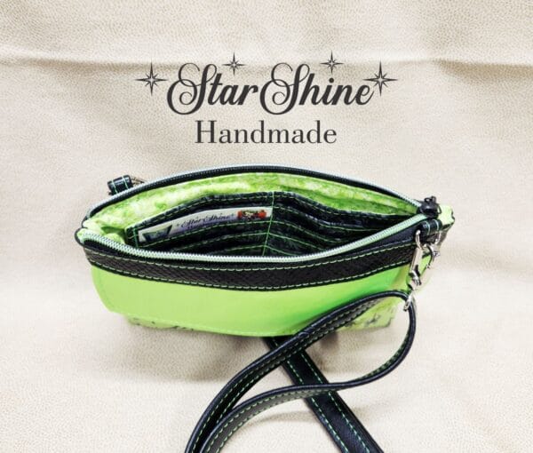 Neon Green & Black Cell Phone Wallet Bag. Top View of Interior.