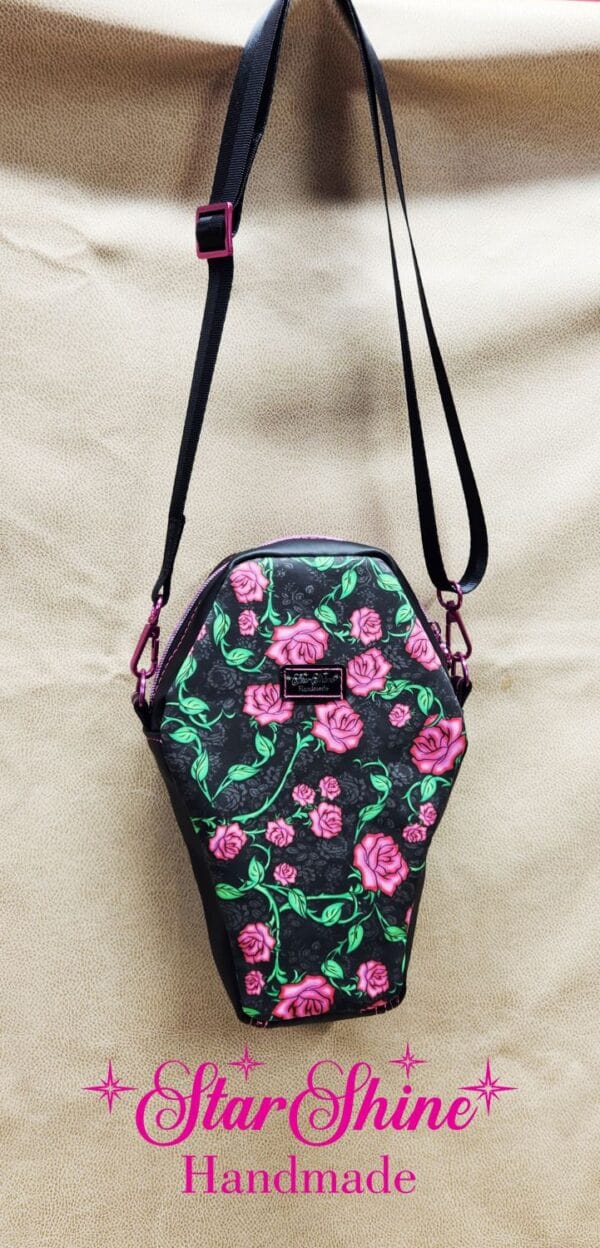 Vines and Roses Coffin Crossbody Bag. Front View.