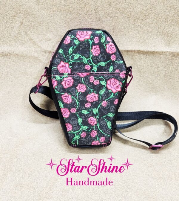 Vines and Roses Coffin Crossbody Bag. Rear View.