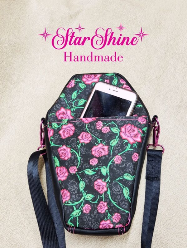 Vines and Roses Coffin Crossbody Bag. Rear View Showing Cell Phone Pocket.