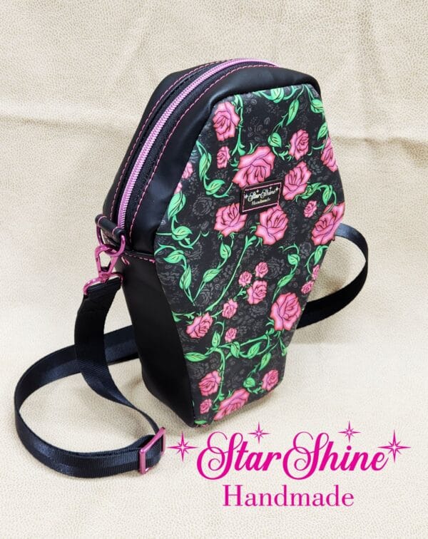 Vines and Roses Coffin Crossbody Bag. Top View.