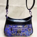 Purple and Metallic Gold Sun and Moon Small Crossbody. Front View.