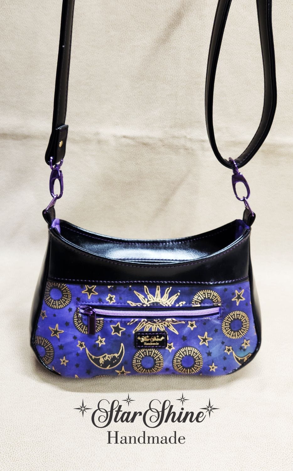 Purple and Metallic Gold Sun and Moon Small Crossbody. Front View.