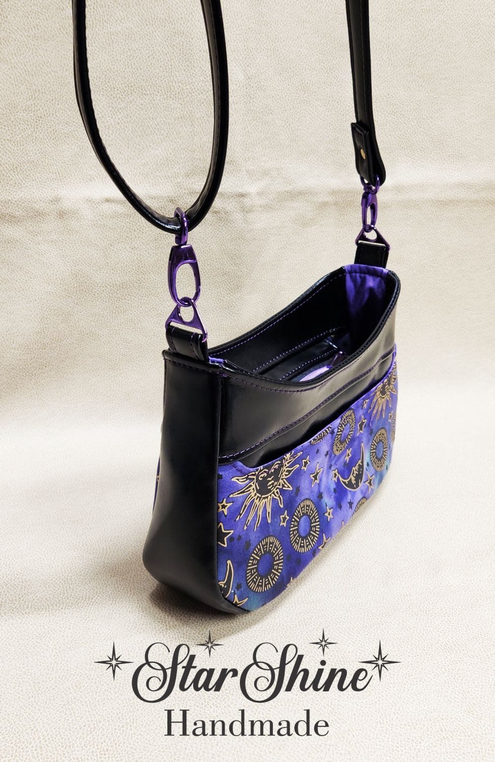 Purple and Metallic Gold Sun and Moon Small Crossbody. Top/Side View.