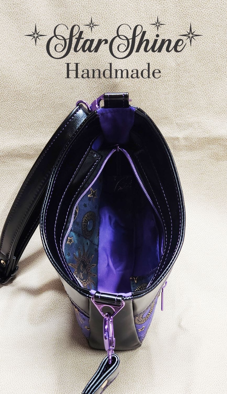 Purple and Metallic Gold Sun and Moon Small Crossbody. Interior View.