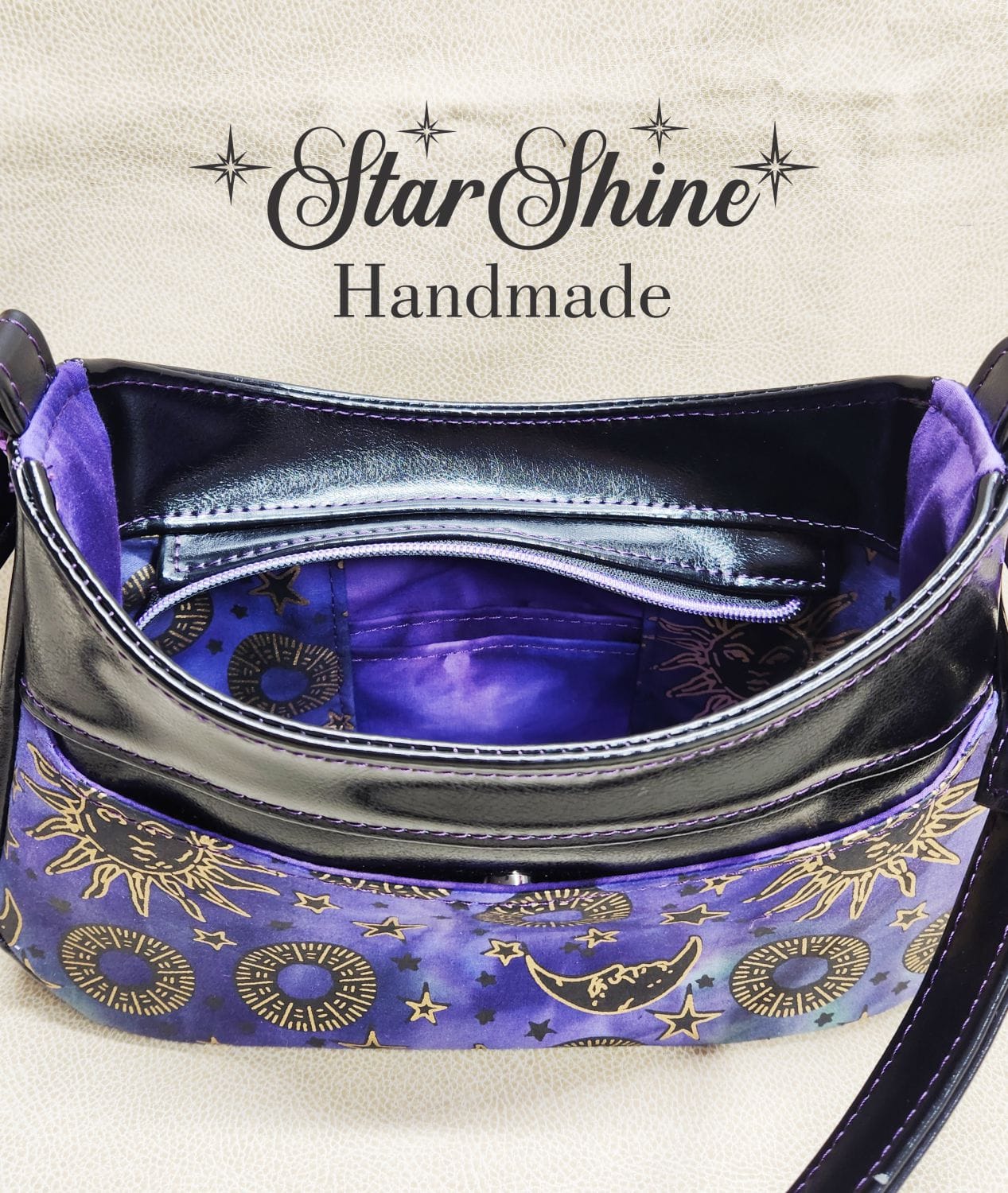 Purple and Metallic Gold Sun and Moon Small Crossbody. Interior View.
