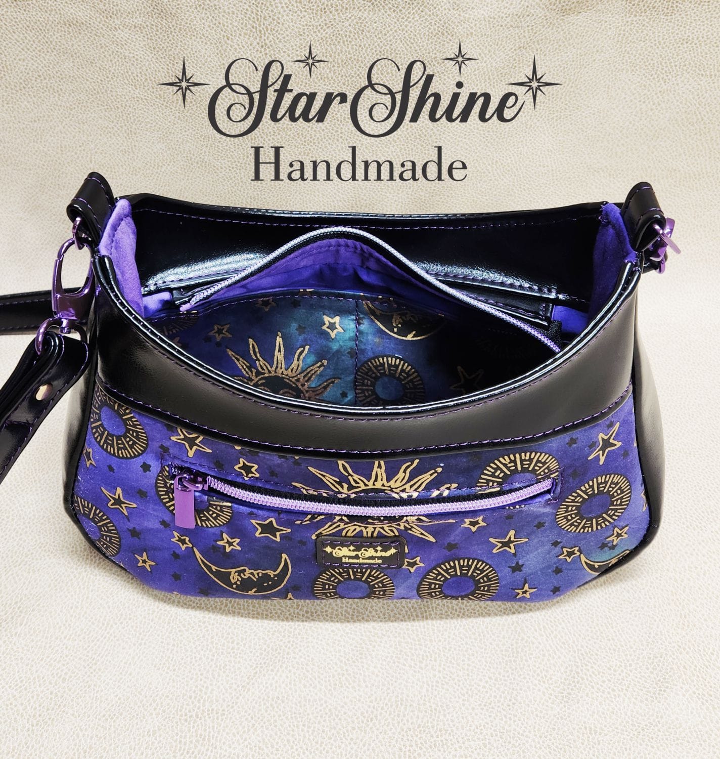 Purple and Metallic Gold Sun and Moon Small Crossbody. Interior View.