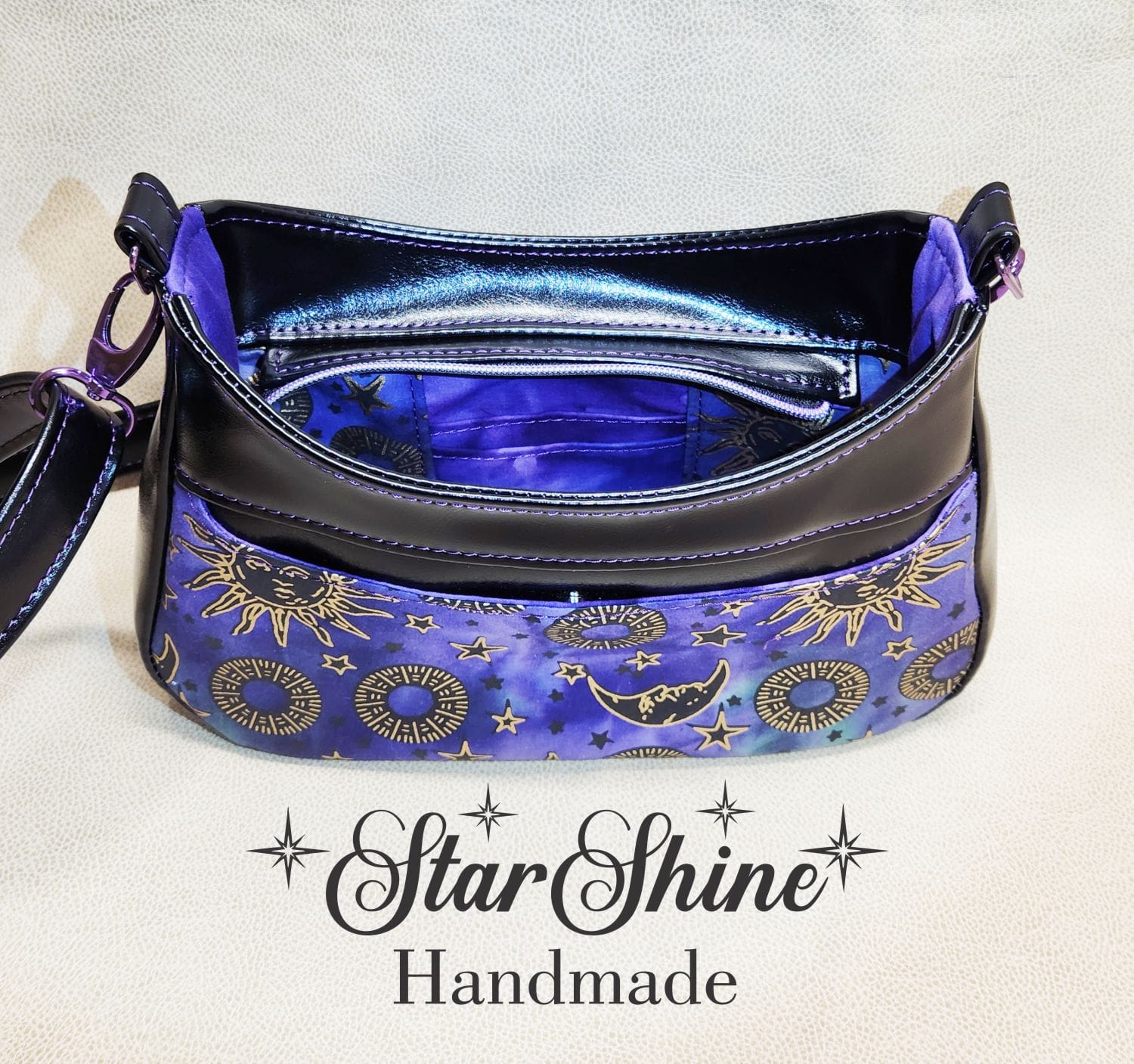 Purple and Metallic Gold Sun and Moon Small Crossbody. Interior View.