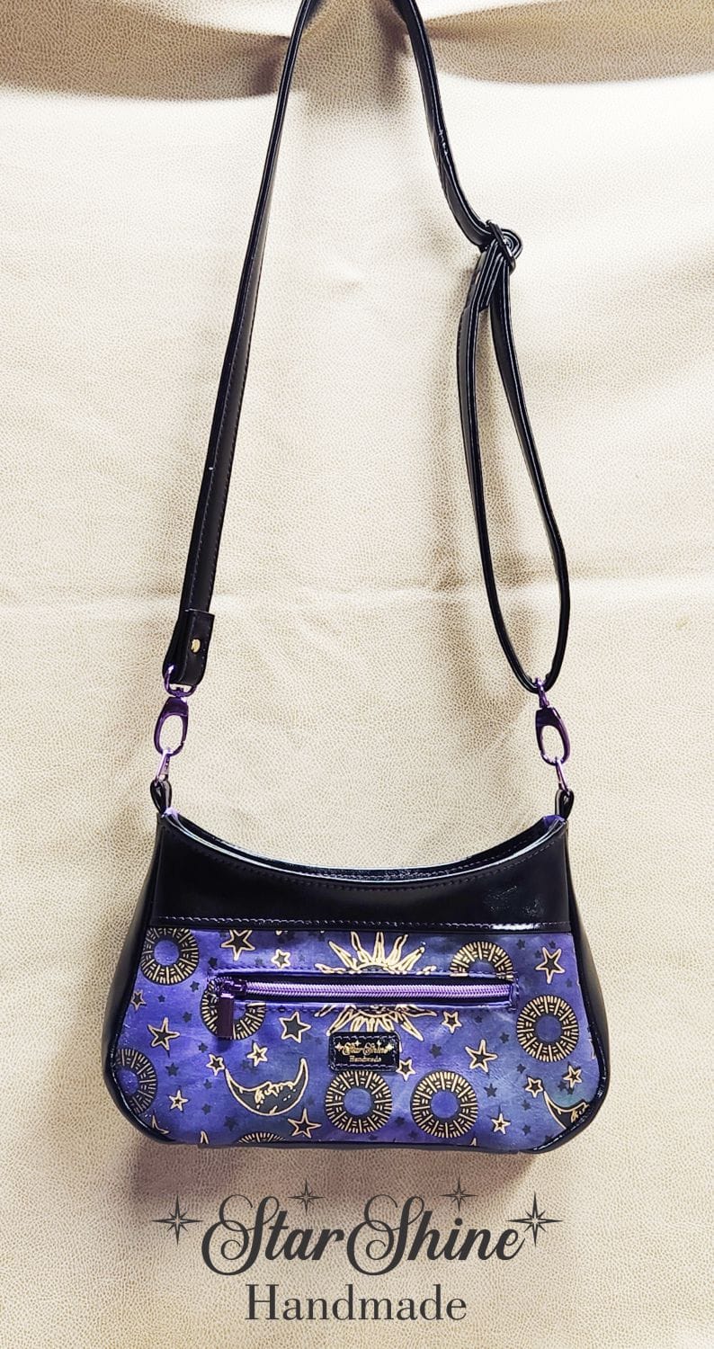 Purple and Metallic Gold Sun and Moon Small Crossbody. Front View.