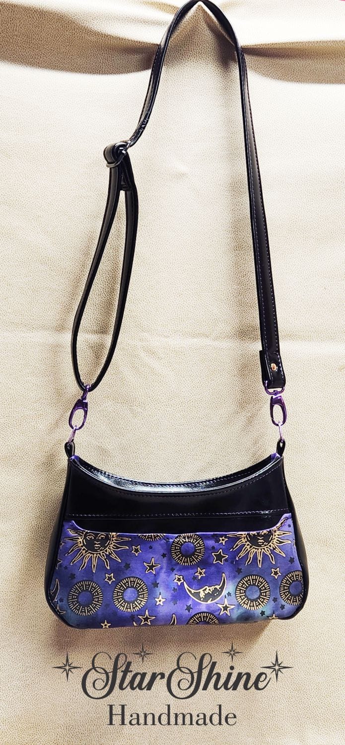 Purple and Metallic Gold Sun and Moon Small Crossbody. Rear View.