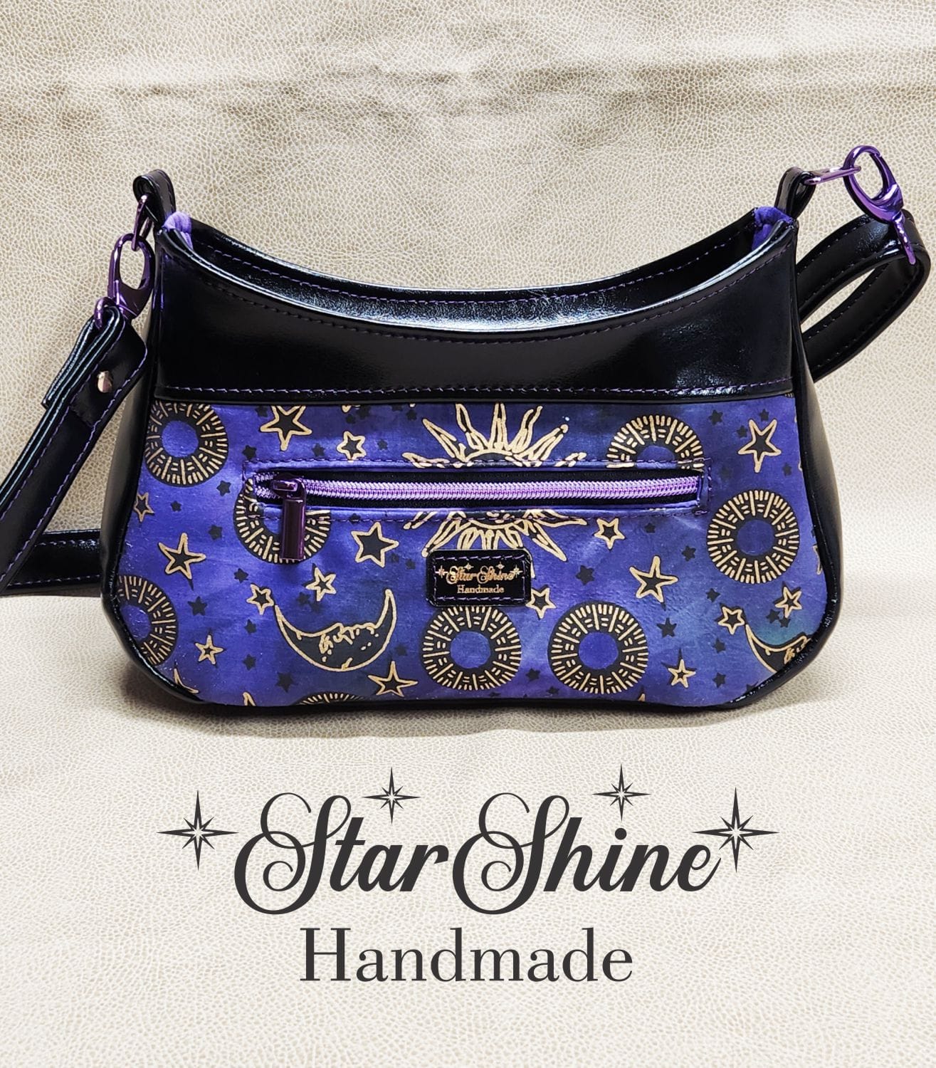 Purple and Metallic Gold Sun and Moon Small Crossbody. Front View.