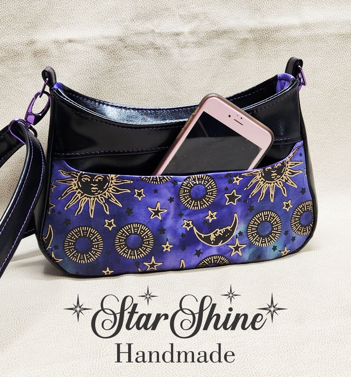 Purple and Metallic Gold Sun and Moon Small Crossbody. Rear view showing cell phone pocket.