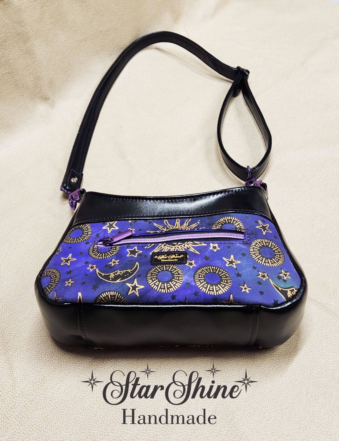 Purple and Metallic Gold Sun and Moon Small Crossbody. Bottom view.
