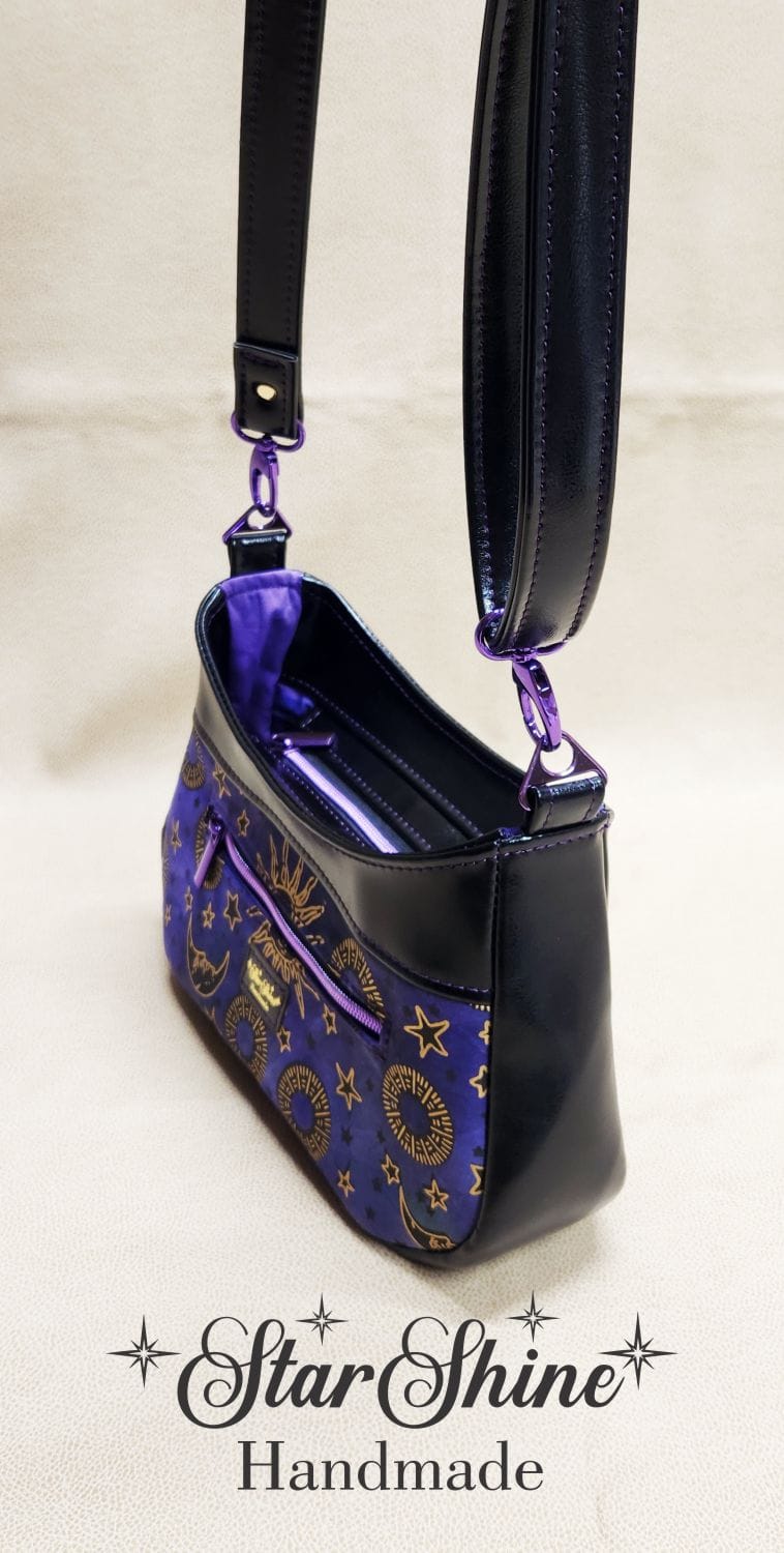 Purple and Metallic Gold Sun and Moon Small Crossbody. Side View.