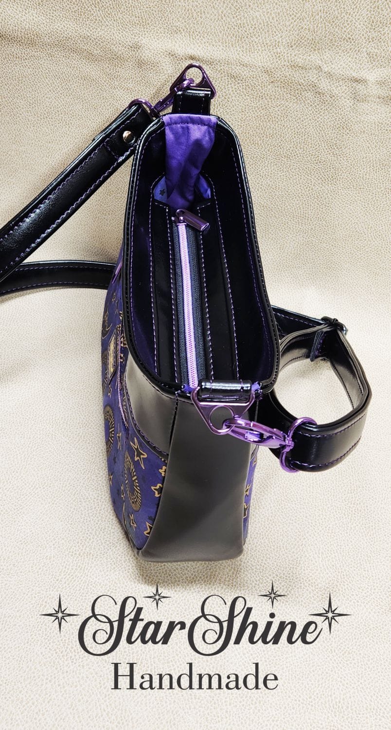 Purple and Metallic Gold Sun and Moon Small Crossbody. Top View.
