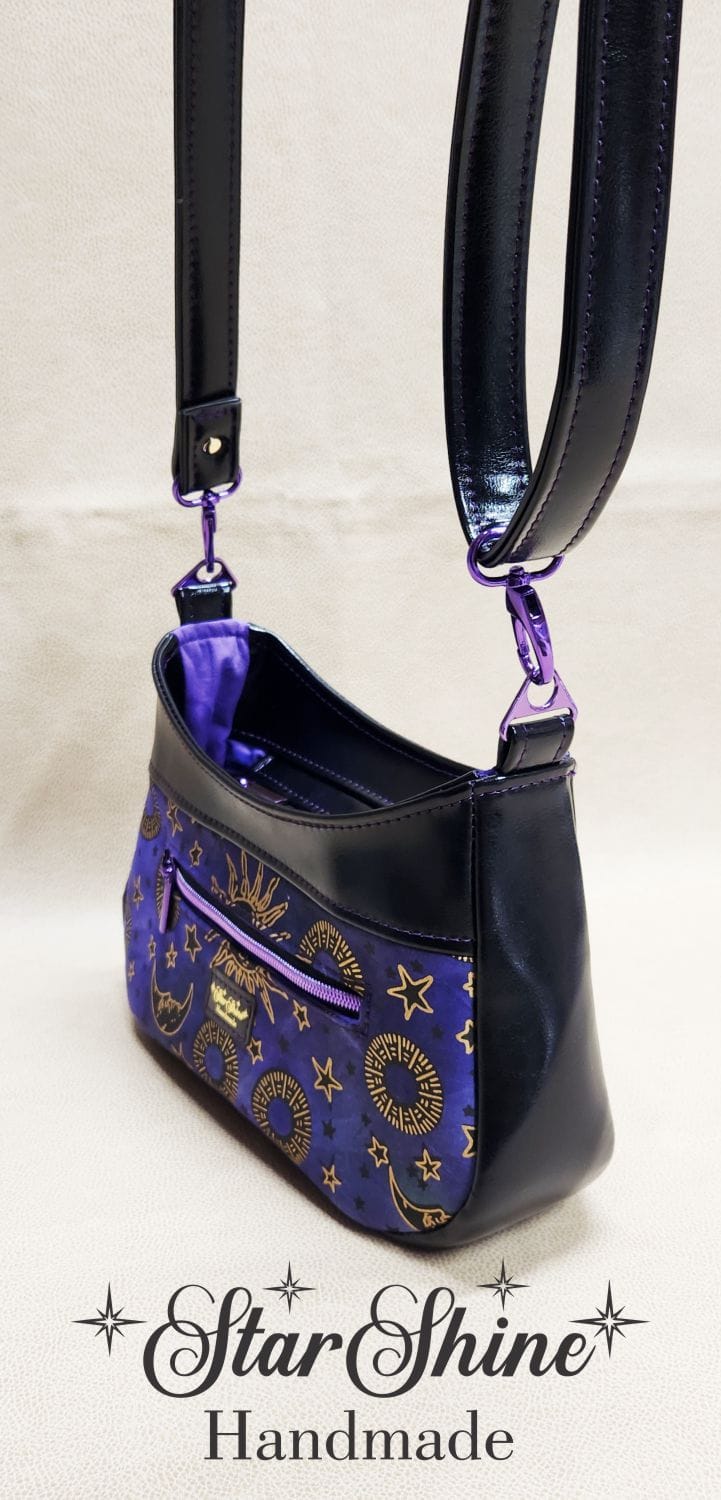 Purple and Metallic Gold Sun and Moon Small Crossbody. Top/Side View.
