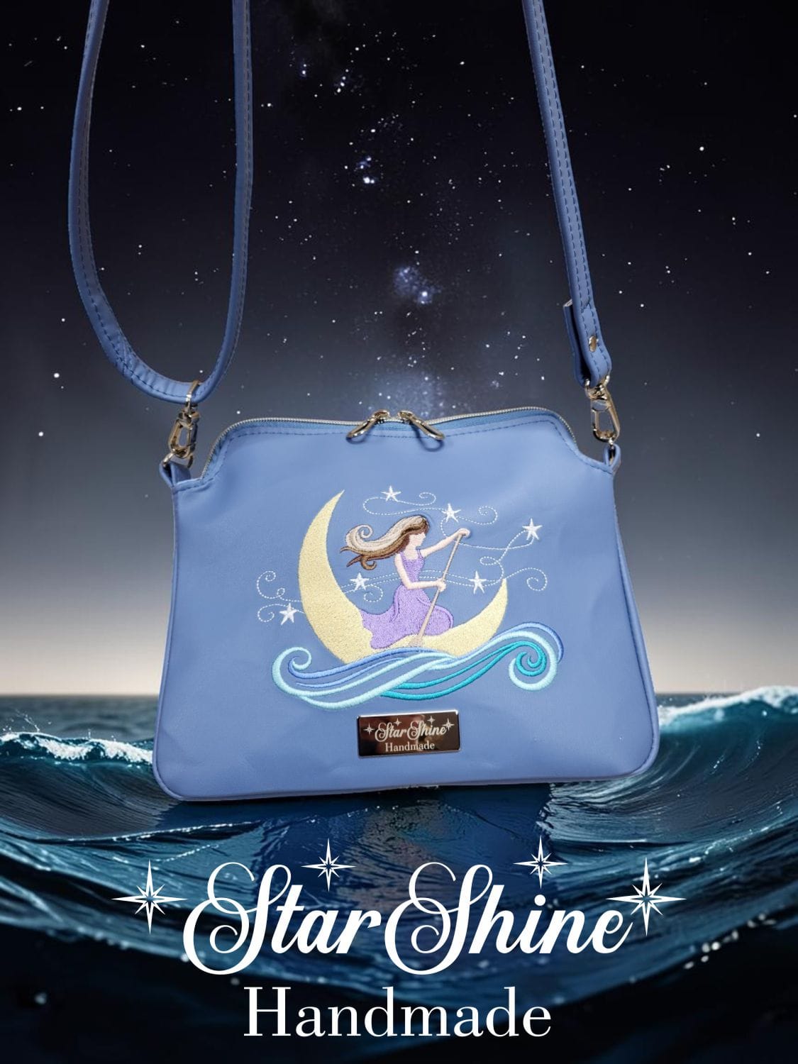 The Dreamer Small Blue Crossbody. Front View