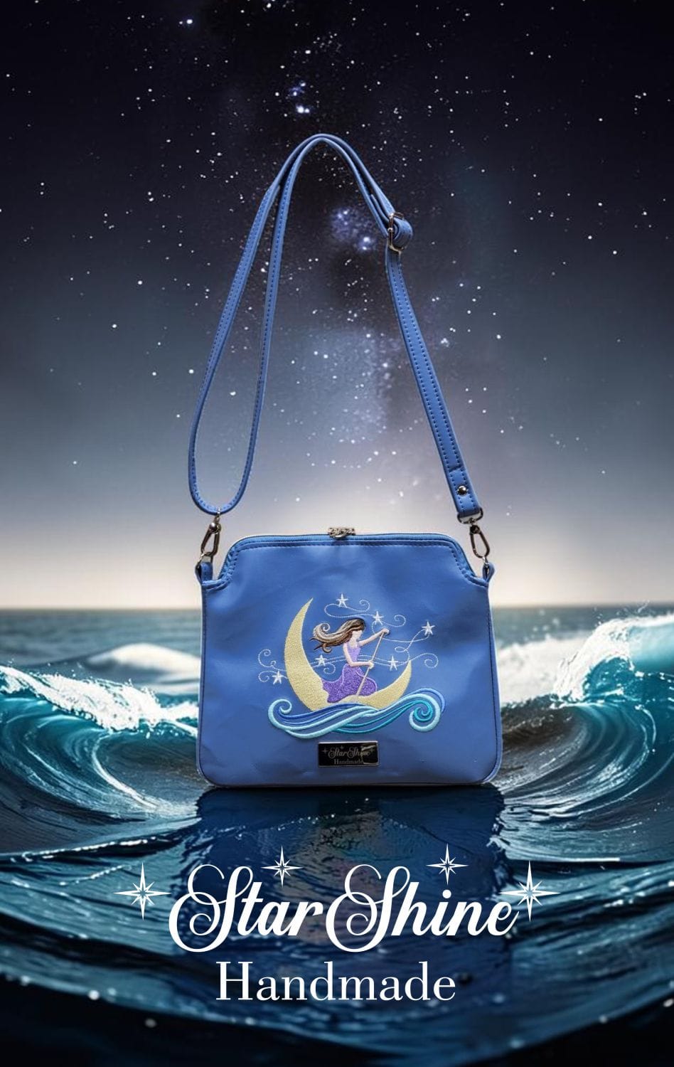 The Dreamer Small Blue Crossbody. Front View