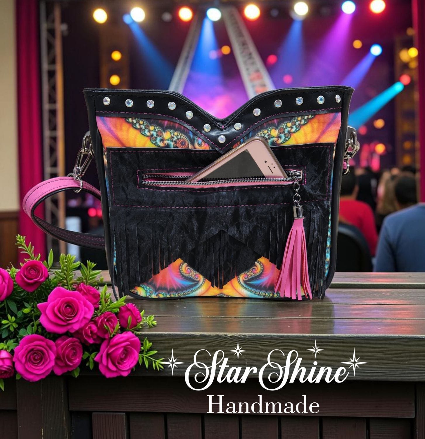 Colorful Fringe Bag. Back Exterior Phone Pocket.