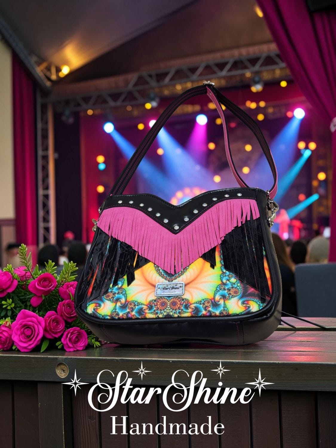 Colorful Fringe Bag. Bottom Front View.
